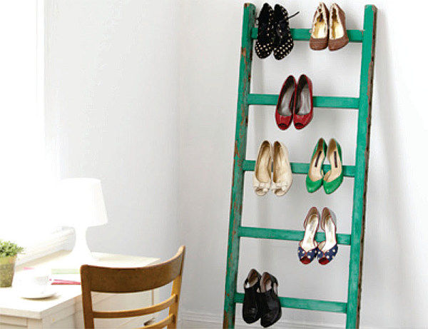 repurposed ladder as a shoe organizer
